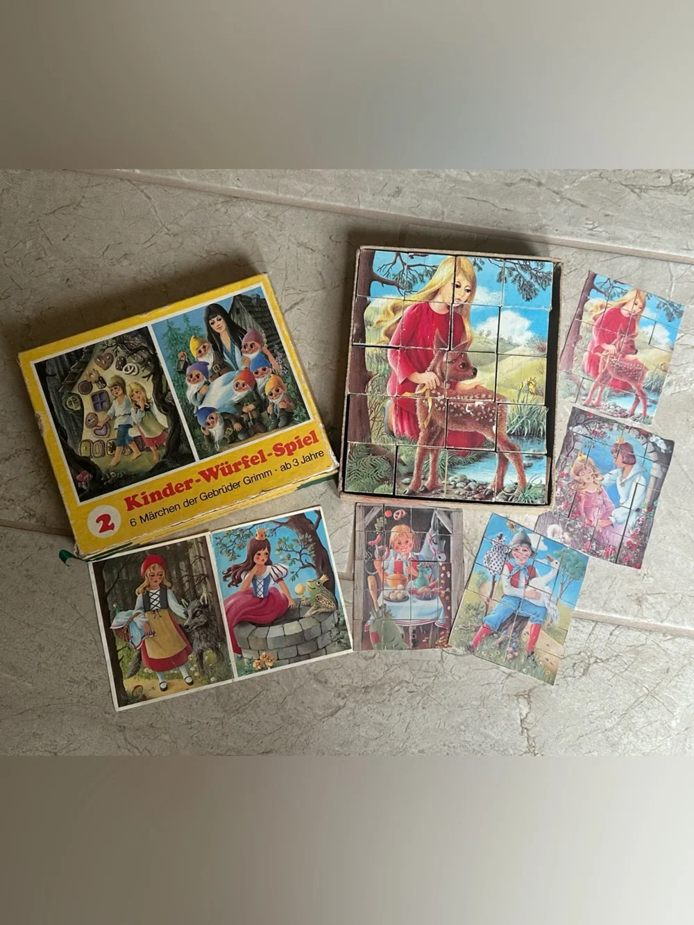 Grimm’s Fairy Tales vintage wooden puzzle blocks complete set wood toy